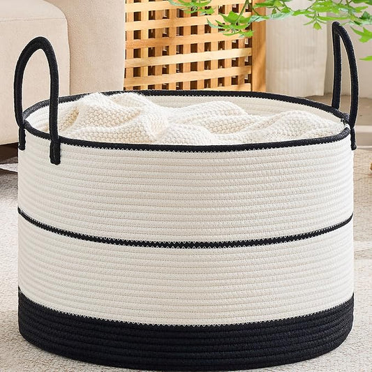 KAKAMAY Cotton Rope Storage Basket (20"x13"),Woven Hamper for Blankets,Toys,Pillows,Clothes,Laundry,Sturdy Handles Decorative Basket for Living Room, Bedroom,Nursery(Black/Beige)