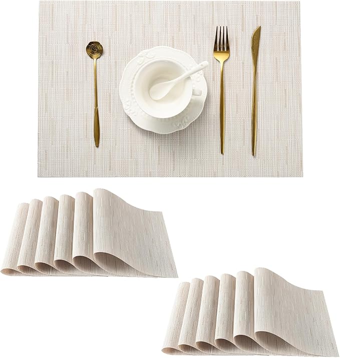 Leetaltree Pale Beige Placemats Set of 12 - Heat Resistant Non-Slip Place mats for Dining Table, Washable Durable PVC Vinyl Woven Table Matsï¼Pale Beige, 12ï¼