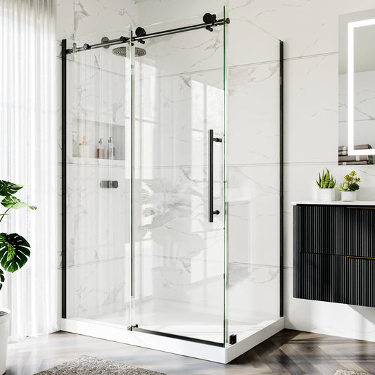 44-48" W x 32" D x 72" H Frameless Shower Enclosure, Sliding Corner Shower Door with 5/16" (8mm) SGCC Certified Clear Tempered Glass, Stainless Handle, Matte Black Finish (Shower Base Not Included)