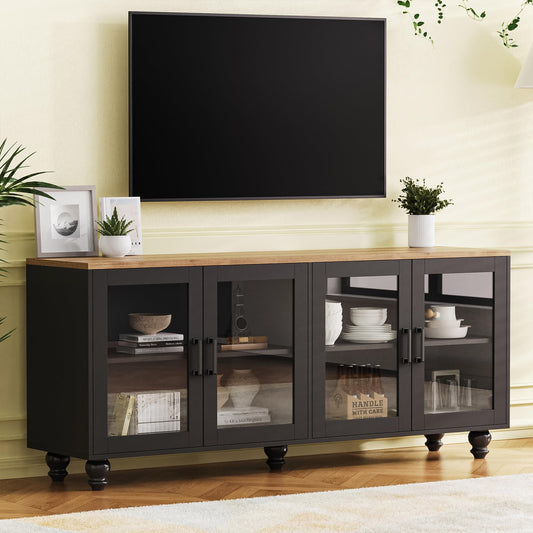Ball & Cast Farmhouse TV Stand with Tempered Glass Doors for TVs up to 70",Sideboard Buffet w/5 Solid Wood Gourd-Shaped Legs & Adjustable Shelf,Entertainment Center for Living Room,Black+Natural