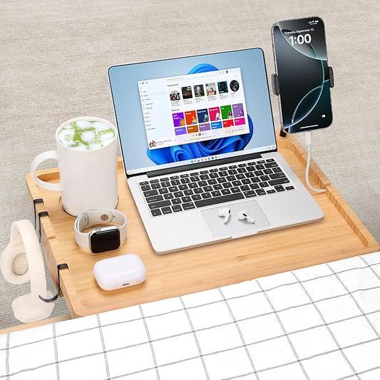 Bedside Shelf for Dorm Bed & Top Bunk, Bamboo Bed Side Table Tray with Cup Phone Holder & Hooks, Bedside Caddy, Clip on Nightstand Bedside Storage College Dorm Room Essentials (Bamboo)
