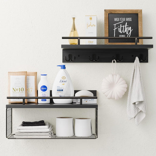 Regine Switzerland Floating Shelves - Black Bathroom Wall Shelves Set of 2 with Basket & Hooks