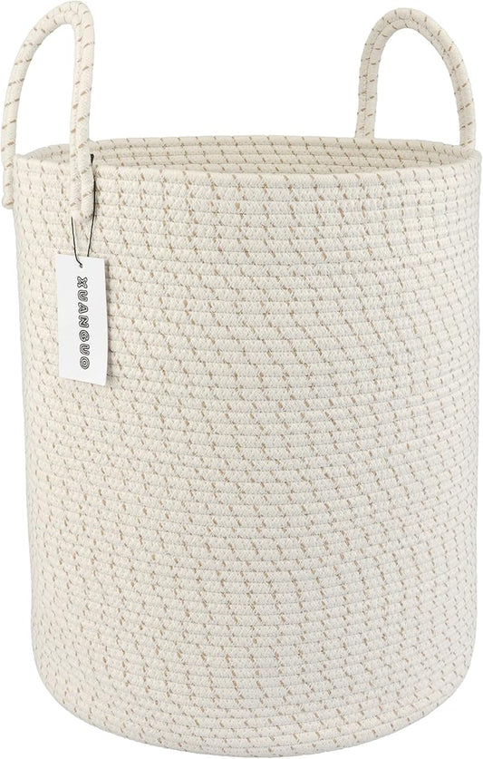 XUANGUO Cotton Rope Laundry Basket Hamper for Clothes Woven Storage Basket for Living Room Bedroom Boho Tall Rope Baskets for Blanket Toys Pillow Towels Baby Nursery Hamper Bin striped