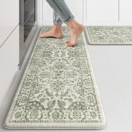 KIMODE Anti Fatigue Kitchen Mat Set, Non Slip Waterproof Kitchen Rug Set of 2, Boho Rugs for Kitchen, Ergonomic Standing Kitchen Sink Mats for Floor, 17"x29.5"+17" x47”, Green