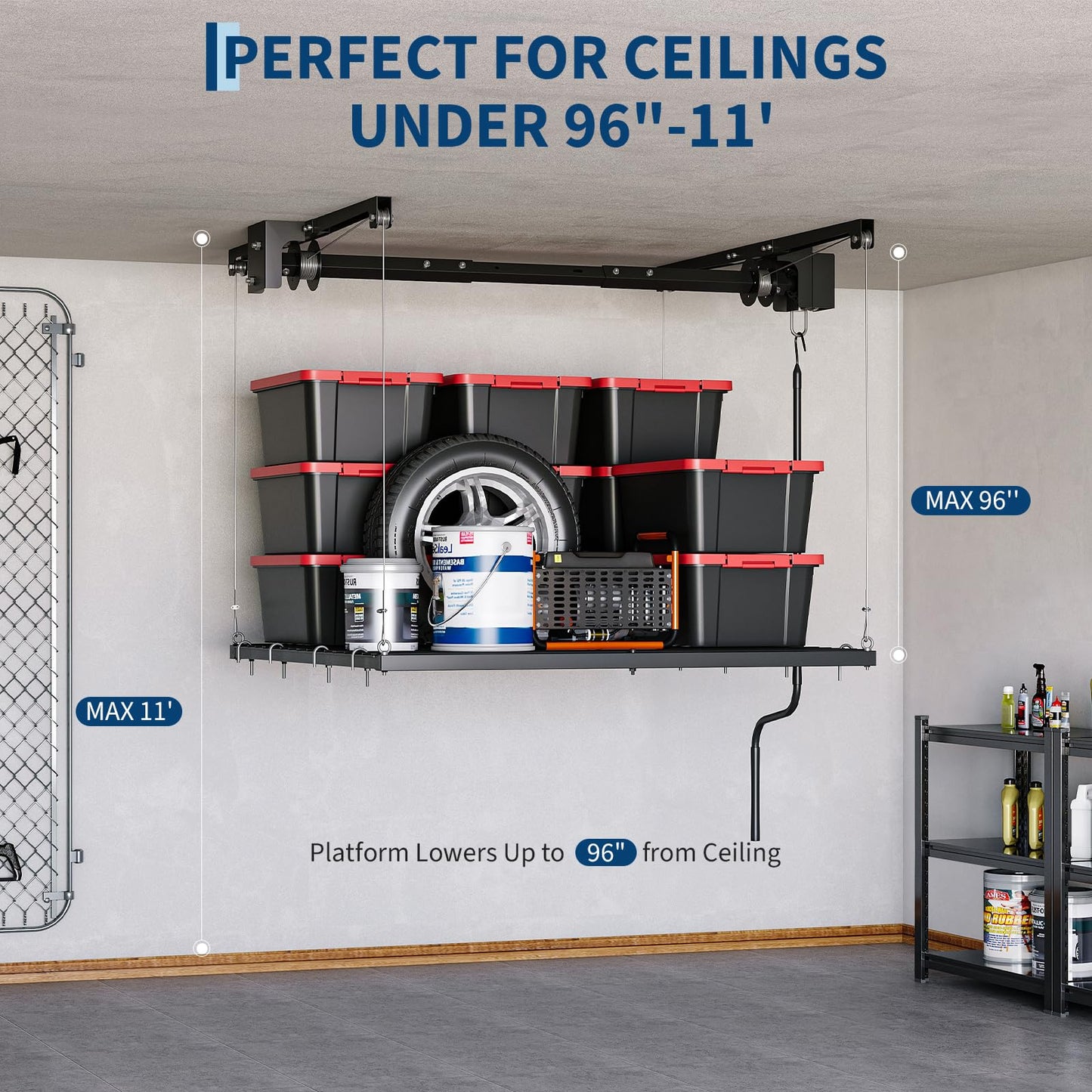 Heavy Duty Ceiling Storage Lift Adjustable 4x4 ft with Dual Safety Lock, 350 Lb Capacity Steel Ceiling Mounted Storage Racks for Garage Ceiling Organization and Overhead Storage, Ideal for Plastic Bin