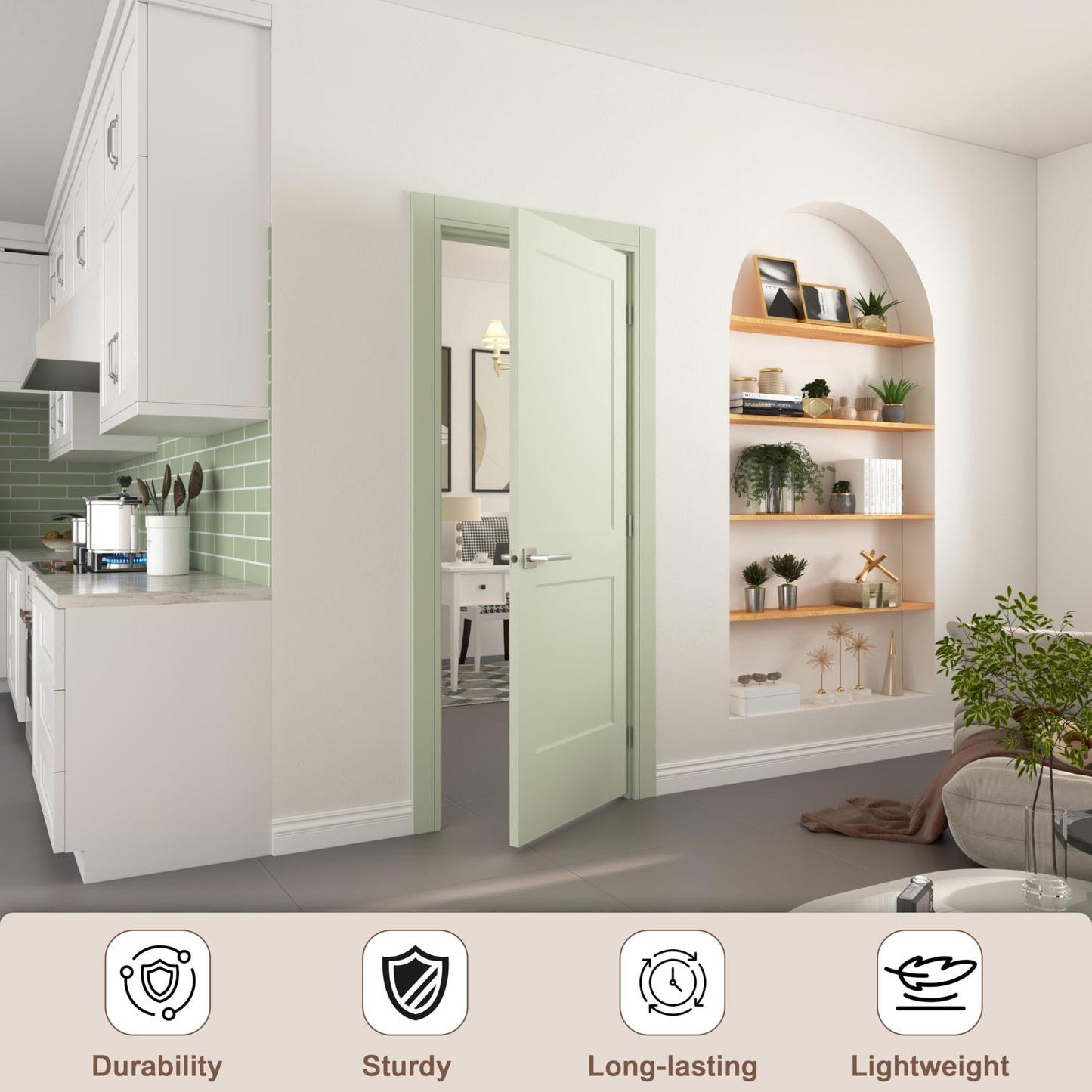 JUBEST 32"x80" Left-Hand Prehung Interior Door with Knock Down Jamb Kit & Satin Nickel Hinges, 2-Panel White Primed Hollow Core Molded Door Slab with Bore & Hinge Cutout, Durable & Sturdy, No Handle