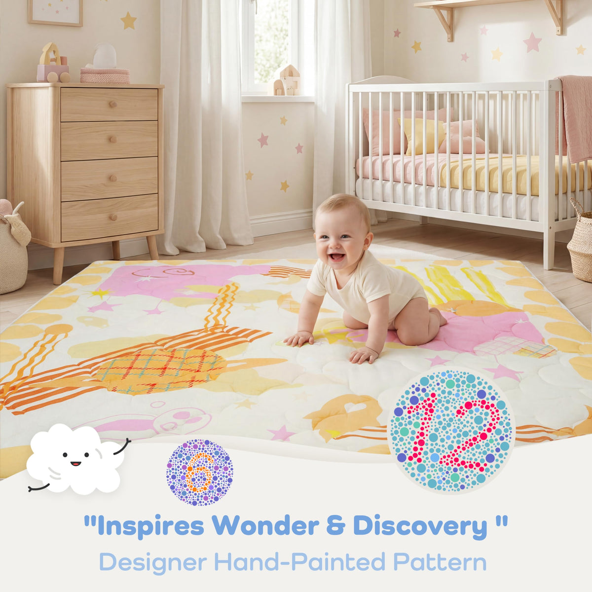 PaPaMat Baby Play Mat 1.5" Thick 59x71 Removable & Machine Washable Cover Playmat Softness Foam Mats, Easy-Clean Hygienic, Comfort Safety Kids Crawling (Wonder Space)