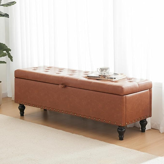 Mangodan 50" Storage Ottoman Bench, Tufted Ottoman with Storage for Living Room, Large End of Bed Ottomans, Modern Entryway Benchs, Window & Bedroom Benches for Foot of Bed (Brown)