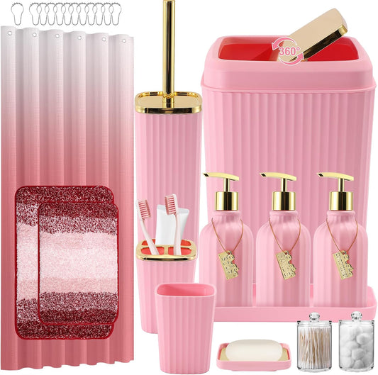 WSBArt 32PCS Bathroom Set - Pink Shower Curtain, Rugs & Trash Can - Complete Bathroom Accessories