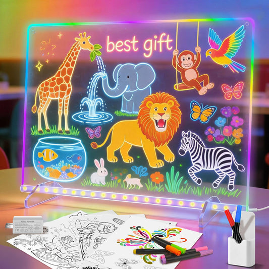 16'' Led Drawing Board for Kids with 8 Colors 6 Modes, Led Note Board with Colors, Light up Acrylic Dry Erase Board Includes Adapter, 7 Markers, Glow Doodle Board Holiday Gifts for Kids/Girls/Teens