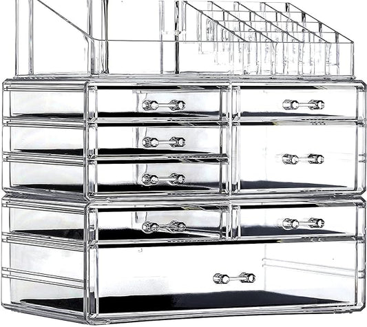Cq acrylic 3 Pack Clear Make Up Organizer Countertop,Stackable 8 Drawers Makeup Storage,Cute Vanity Organizers for Dresser Hair Clip,Jewelry,Beauty Product Desk and Bathroom Organizers and Storage