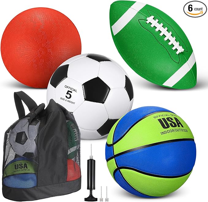 Lenwen 4 Pcs Sports Balls Set, Include Official Size Basketball Soccer Football Playground Ball Pump Equipment Bag for Teen Adult Gift Operation Christmas Ball Gifts