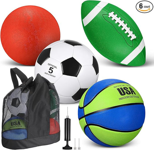 Lenwen 4 Pcs Sports Balls Set, Include Official Size Basketball Soccer Football Playground Ball Pump Equipment Bag for Teen Adult Gift Operation Christmas Ball Gifts