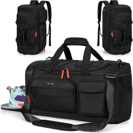 Gym Bag for Women & Men, Sports Travel Duffle Bag with Shoe Compartment, Anti-Theft Carry On Weekender Bag, Water Resistant Overnight Backpack for Airplane, Gym, Travel (Black)
