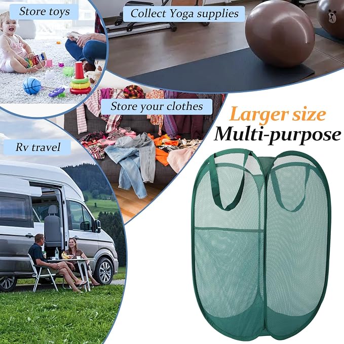 Upgraded 100L Extra Large Mesh Pop Up Laundry Basket With Handles, Light Breathable, Fold Compact, Large Hold Portable Foldable Dirty Clothes Basket For Bedroom, Laundry Room, Dorm, Hotel, Green.V