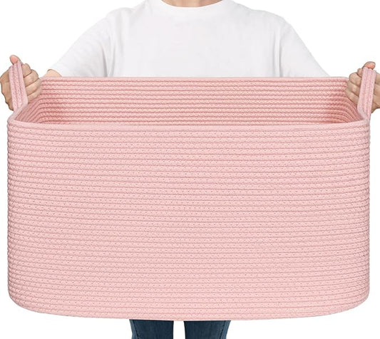 Goodpick Large Blanket Basket, Woven Baskets for Storage, Large Baskets for Organizing, Rectangle Toy Basket for Nursery, Bedroom, 21.6" x 14.9" x 11.8", Pink