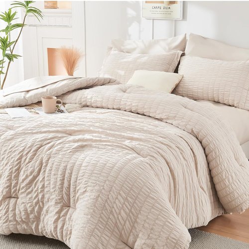 HYMOKEGE King Size Comforter Set - 7-Piece All-Season Luxury Bedding in Beige with Sheets & Pillowcases