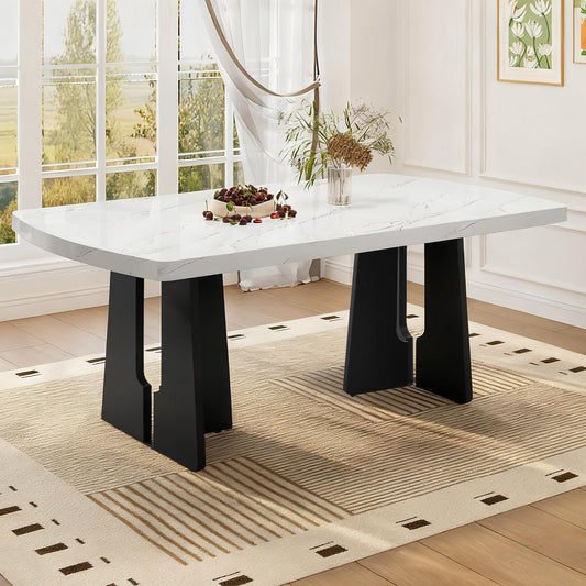 63" Faux Marble Dining Table for 6-8, Rectangular Kitchen Table with Unique Base, MDF Marble Look Top with Rubber Wood Legs, Sturdy Modern Dining Room Table for Home Kitchen, Black & White