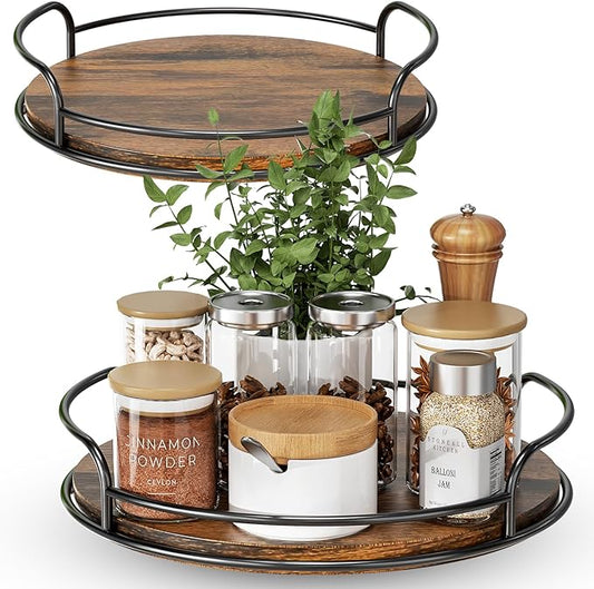 LAMU 2 Pack 9'' 11'' Lazy Susan Turntable Organizer for Table Top Cabinet, Wooden Lazy Susan for Kitchen, Pantry, Countertop, Bathroom Vanity, Spice Organization, Wood Decor