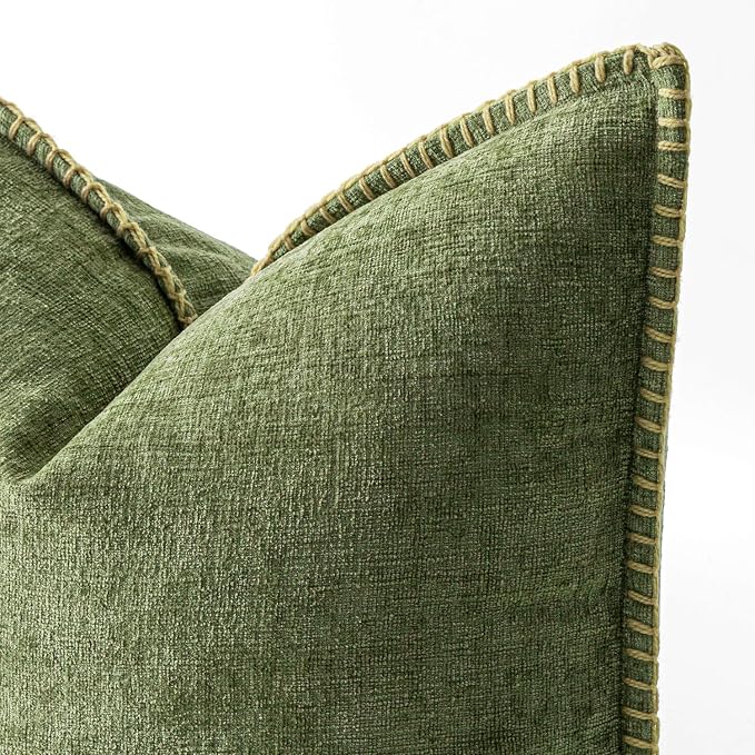 MIULEE Pack of 2 Couch Throw Pillow Covers 16x16 Inch Sage Green Farmhouse Decorative Pillow Covers with Stitched Edge Soft Chenille Solid Dyed Summer Pillow Covers for Sofa Bed Living Room