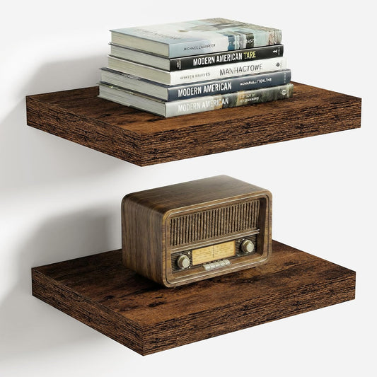 Vivelove 10 Inch Deep Floating Shelves - Set of 2 Rustic Brown Wall Shelves with Invisible Brackets for Home Decor
