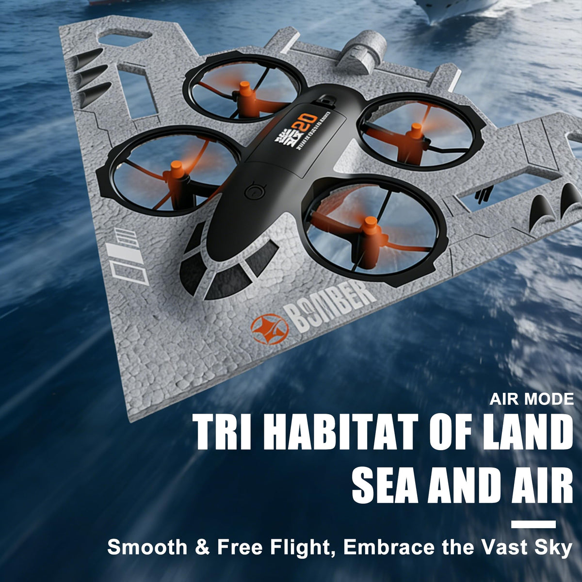 Virellia 3-in-1 RC Drone for Land Sea Air, H20 Remote Control Bomber RC Airplane with Cool Lights, 360° Flip, 3 Driving Mode and Collision Protection, Foam RC Drone Toy Gift for Boy Girl, Silver