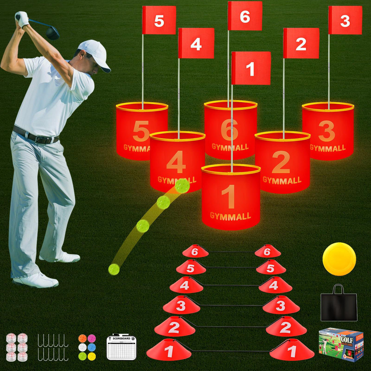 GYMMALL Golf Yard Bucket Games, 6 Holes Bucket Backyard Golf Game Set with LED Light and Flags for Adults & Kids Indoor Outdoor, Golf Practice Gift for Backyard, Park, Beach and Lawn