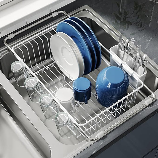 JASIWAY White Dish Drying Rack in Sink, Expandable Stainless Steel Dish Drainers for Kitchen Counter, Dish Dryer Rack for Inside Sink, Over The Sink Dish Racks with Utensil Holder