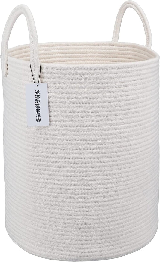 XUANGUO Cotton Rope Laundry Basket Hamper for Clothes Decorative Woven Storage Basket for Living Room Bedroom Boho Tall Rope Baskets for Blanket Toys Baby Nursery Hamper Bin Large white