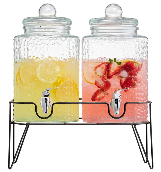 Style Setter Premium Glass Drink Dispensers with Metal Stand for Parties – Beverage Dispenser Set for Cold Drinks, Lemonade, Cocktails, Juice – Party Glass Drink Dispenser Station - 1.5 Gal, Set of 2