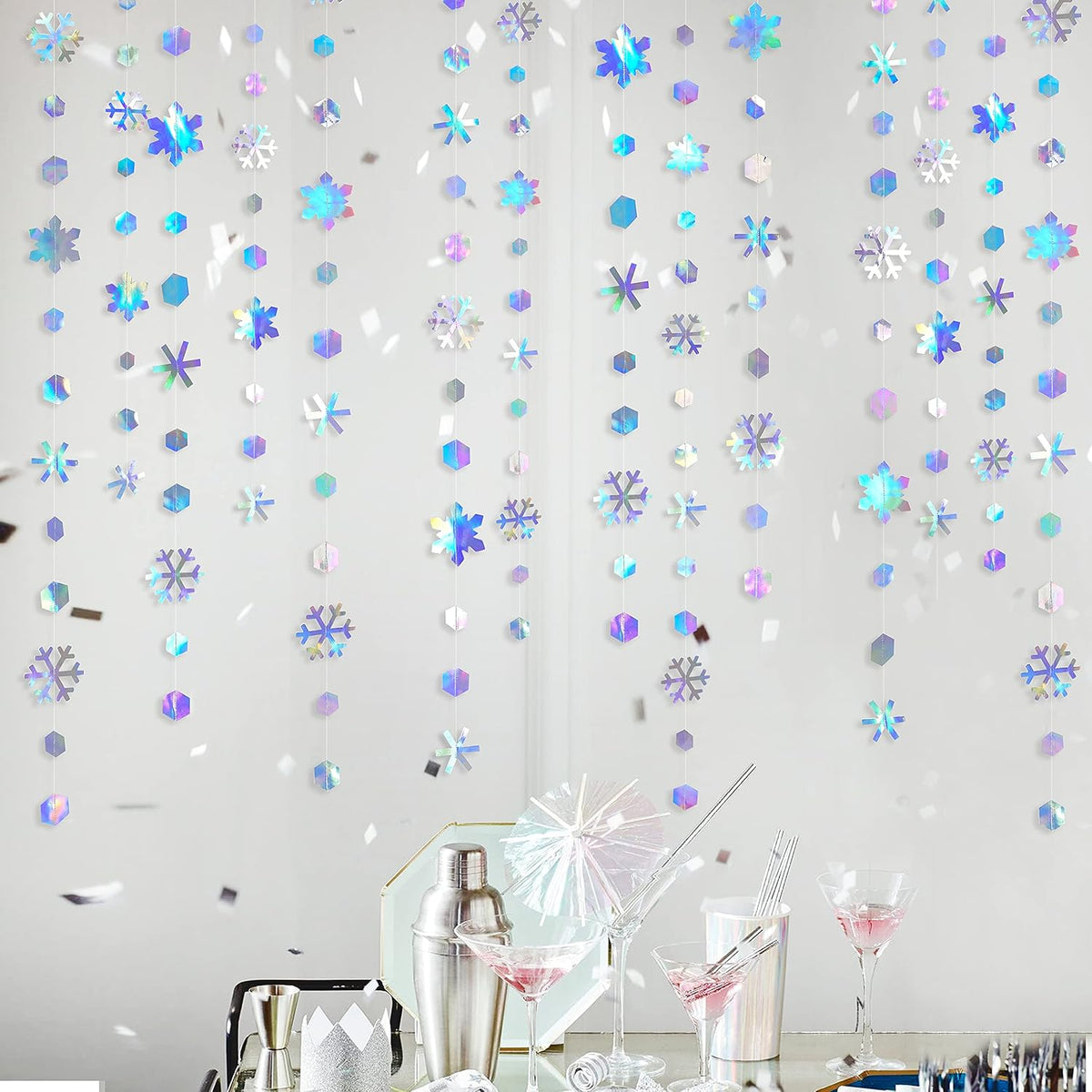 Winter Wonderland Party Decoration - Iridescent Snowflake Garland by [Brand Name] | 52Ft Holographic Streamer for Christmas & Weddings