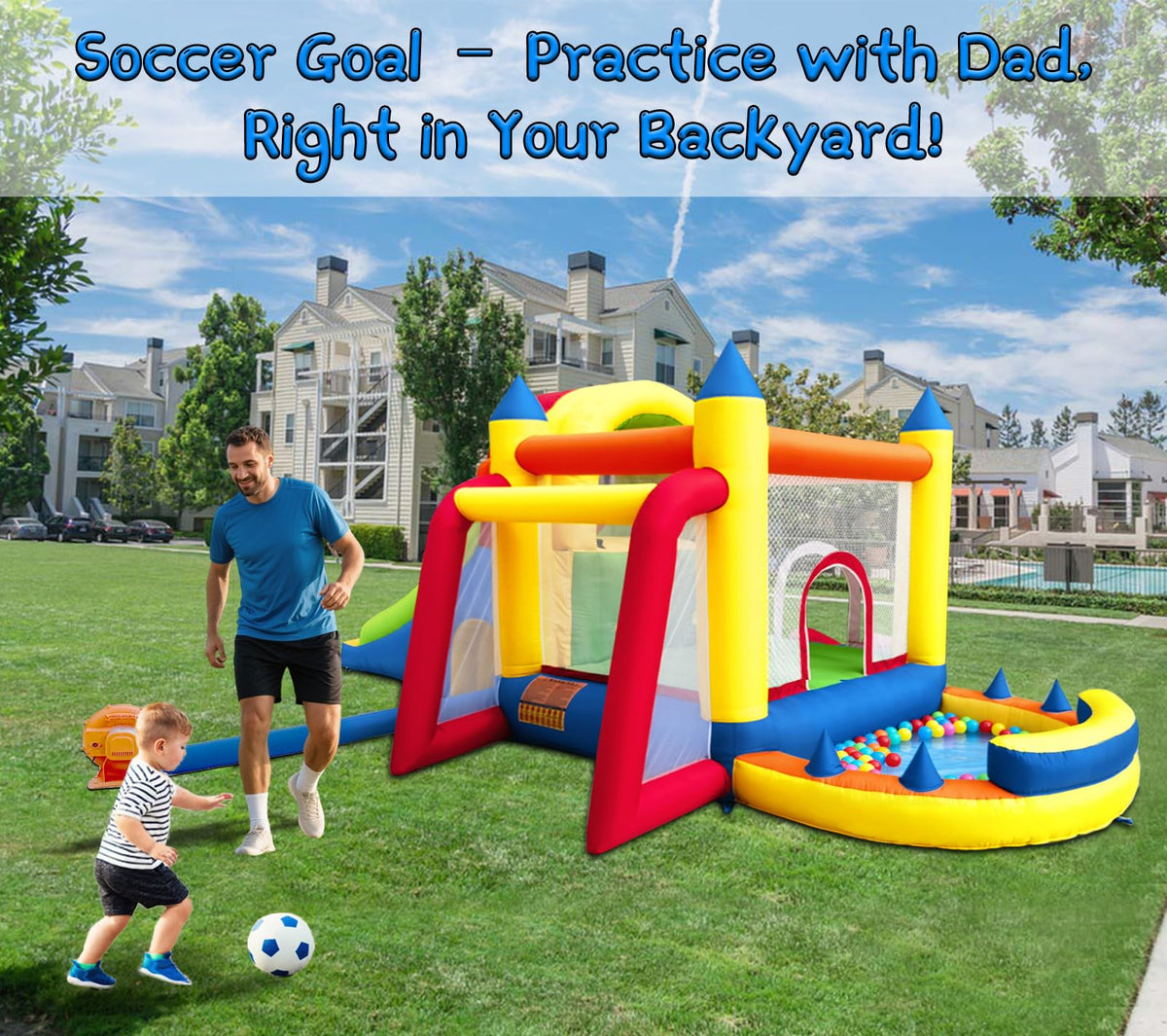 Hongcoral Inflatable Bounce House with Wide Slide, Splash Pool/Ballpit, Secret Crawl Tunnel & Soccer Goal, Multi-Activity Jumping Castle for Toddlers & Big Kids, Outdoor Backyard Playground