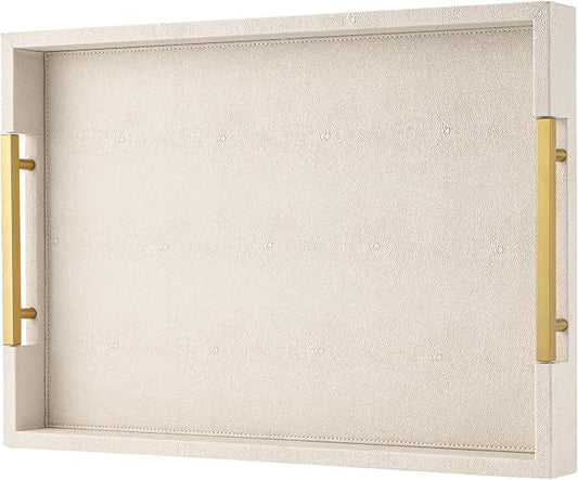 Beige Faux Leather Serving Tray with Handles – Large Decorative Tray for Coffee Table, Ottoman, Living Room, Bathroom – Home Decor