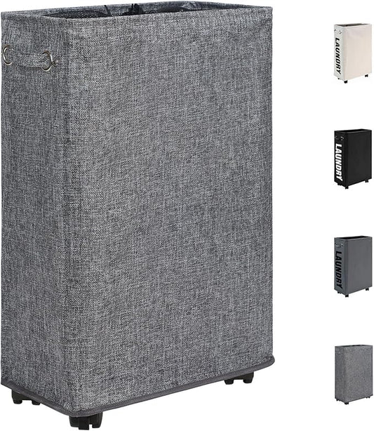DOKEHOM 25-Inches Slim Laundry Basket on Wheels, Collapsible Rolling Laundry Hamper, Foldable Narrow Corner Clothes Storage Bins (Linen Grey)