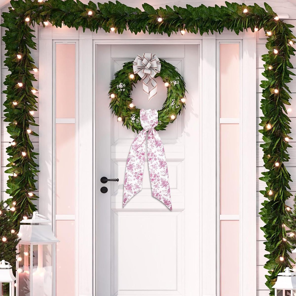 Whaline Pink Flower Wreath Sash - Chinoiserie Floral Garland Ribbon for Holiday Home Decor | 2 Pcs
