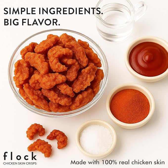 Flock Keto Chicken Skin Chips – Tapatio Flavor, Low Carb, High Protein, Gluten-Free Chicken Crisps, Keto Snack, Low Carb Chips, Protein Crackers, Diet Snacks, 8-Pack (1oz)
