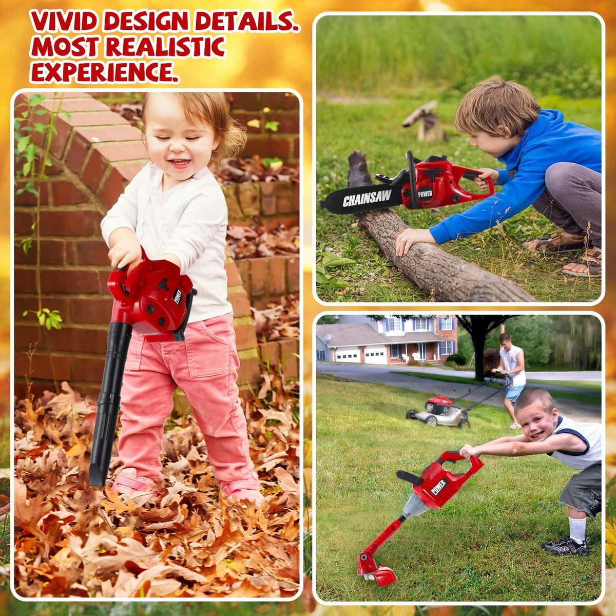 Arrowbash 3-in-1 Kids Gardening Toy Set, Toy Leaf Blower & Kids Chainsaw & Weed Trimmer with Realistic Sound, Outdoor Backyard Play Educational Learning Birthday Summer Gift for 3-8 Boys Girls