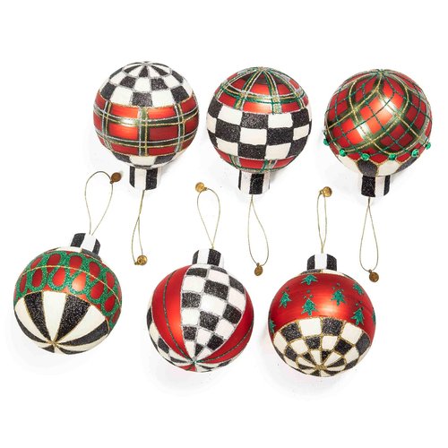 MACKENZIE-CHILDS Set of 6 Glass Ornaments, Christmas Tree Decorations Set, Tartan