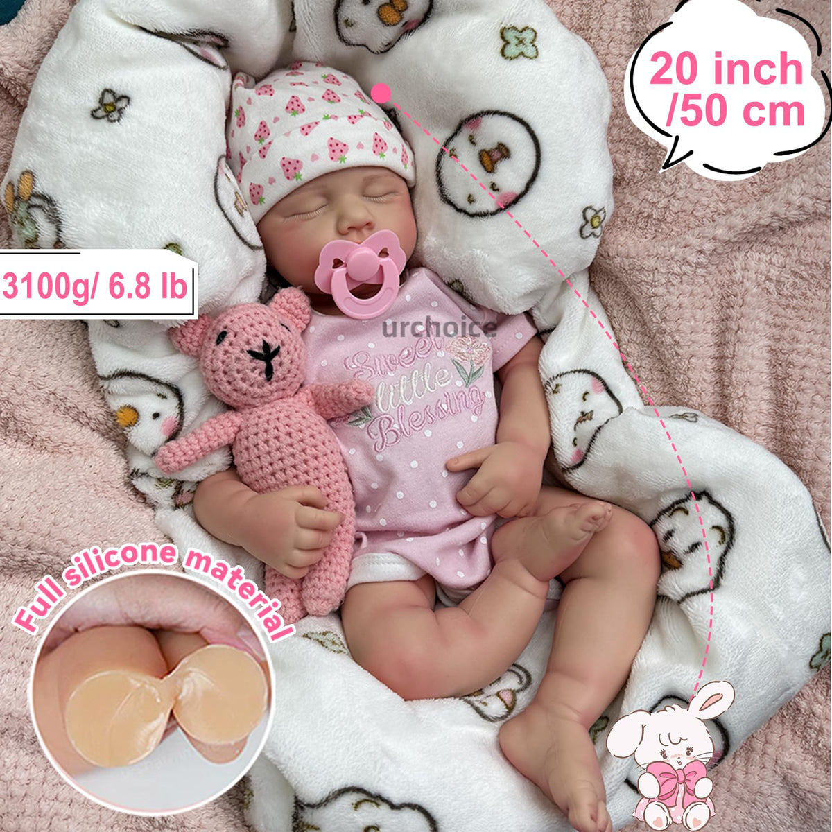 Oppaionaho Full Silicone Body Baby Doll with Mouth That Opens - 20 Inch Lifelike Reborn Baby Dolls Soft Sleeping Newborn Doll Anatomically Correct (Girl)