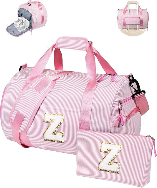 Birthday Gift for Daughter, Girl Gym Bag, Kids Initial Overnight Duffel Bags with Shoe Compartment, Personalized Travel Bag with Makeup Pouch, Preppy Things for Dance Girls (Letter Z)