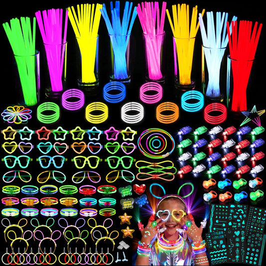 394 Pcs Glow in the Dark Party Supplies for 16 Kids Adults, Light Up Party Favors, 150 Ultra Bright Glow Sticks Bulk Party Pack with Set of 16 Glow Glasses,Earring, Headband,Bracelets, Necklaces