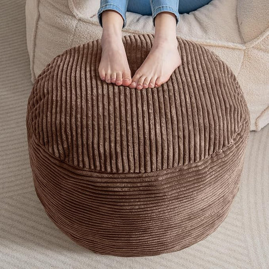 HIGOGOGO Round Stuffed Pouf Ottoman, Corduroy Poufs with Foam Chunk Filling, Furry and Fluffy Pouf Foot Stool Storage Ottoman, 26 X 18 Floor Poufs Foot Rest for Living Room, Brown
