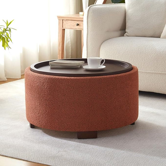 Zihanhome 30 Inch Round Storage Ottoman Coffee Table, Modern Boucle Ottoman with Lift-Off Lid and Solid Wood Legs for Living Room, Bedroom, Corners, Apartments (Orange)