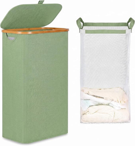 iEGrow 65L Slim Laundry Hamper, Narrow Laundry Basket with Lid,Foldable Clothes Hamper with Bamboo Frame,Hamper Basket with Removable Inner Bag for Laundry Room Bedroom College Dorm,17.17 Gals Green