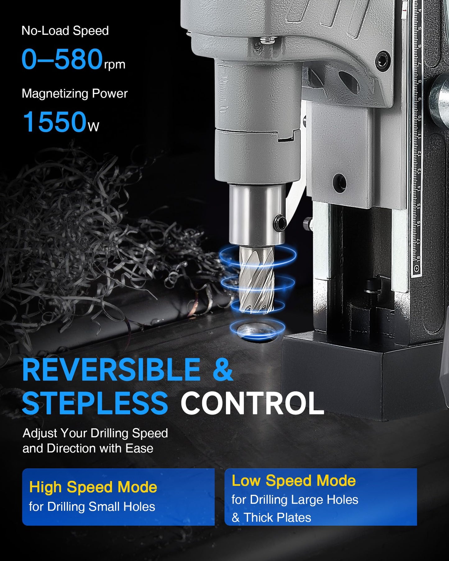 ZELCAN Mag Drill Press with 6 Drill Bits, 1550W Portable Magnetic Press with 2" Boring Diameter, 0-580 rpm Stepless Speed & Reversible Direction, 2922 lbf Power Magnetic