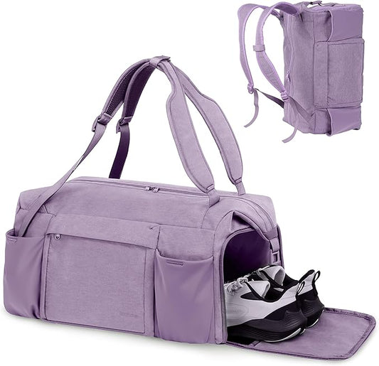 Purple Large Convertible Gym Bag & Backpack with 7 Compartments, Waterproof Shoe Compartment, Wet Pocket, 2 Bottle Holders & Trolley Sleeve - Women's Sports Duffel Bag