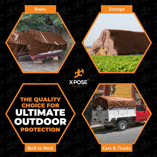 30' x 30' Super Heavy Duty 16 Mil Brown Poly Tarp Cover - Thick Waterproof, UV Resistant, Rip and Tear Proof Tarpaulin with Grommets and Reinforced Edges - by Xpose Safety