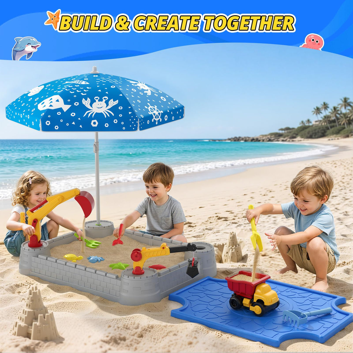 HYES Sandbox with Lid, Digger Excavator Plastic Sand Box with Cover, Play Sand Pit with Construction Toys/Umbrella/Beach Playset for Toddlers 1-3, Indoor Outdoor Sensory Gift for Kids Ages 4-8