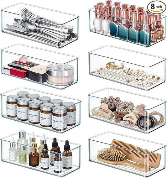 Qilinba 8 PACK Drawer Organizers Deep Drawer Organizer Bins Silverware Organizer Clear Stackable Storage Bins for Bathroom, Pantry, Office, Vanity, Desk Organization and Storage