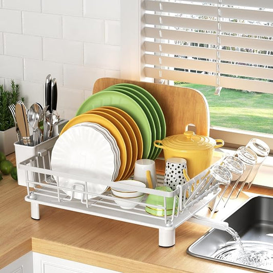 Dish Drying Rack, Dish Racks for Kitchen Counter, Detachable Dish Drainer with Drainboard, Utensil Holder, Cup Holder, Space Saving Kitchen Drying Rack for Small Home and Appartment, White
